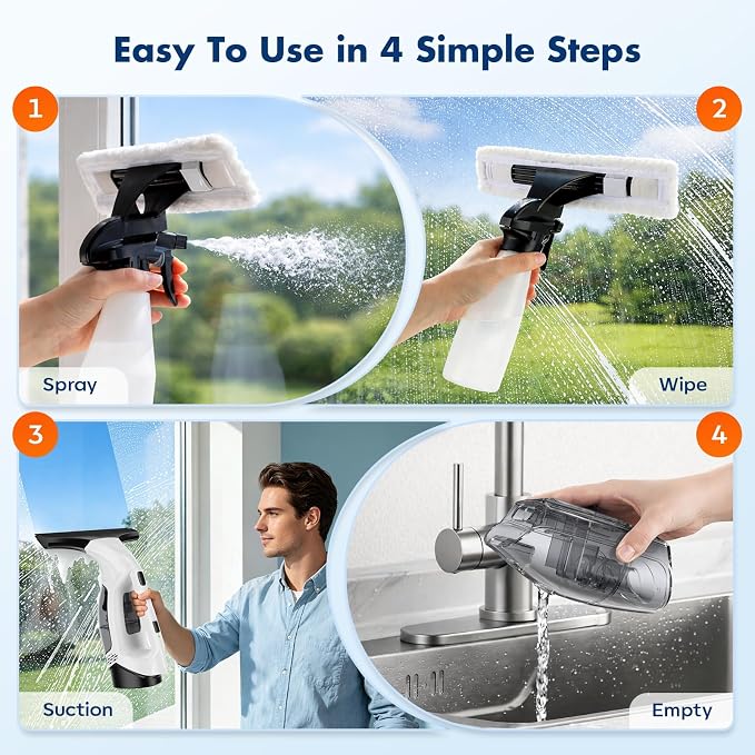 Cordless Window Vacuum Squeegee with Extension Pole, Electric Window Cleaner with Water Collection Tank, Portable Cleaning Kit for Glass Doors, Windows, Mirrors and Car(White)