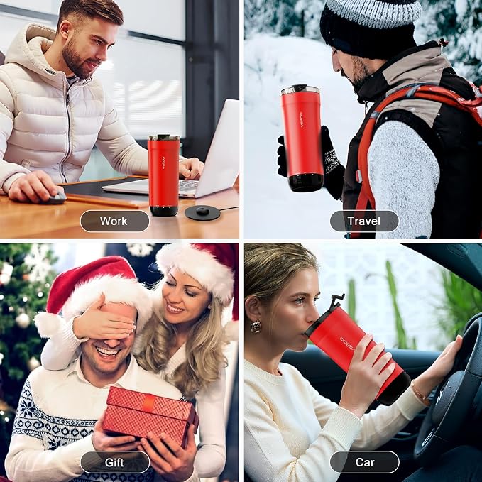 Vsitoo S5 Self Heating Travel Mug 16oz, Rechargeable Coffee Mug with Car Charger Kit, AI Auto-Sensing Temp Control Heated Cup for Home Office Car, App Control, Gift Women Men - Red