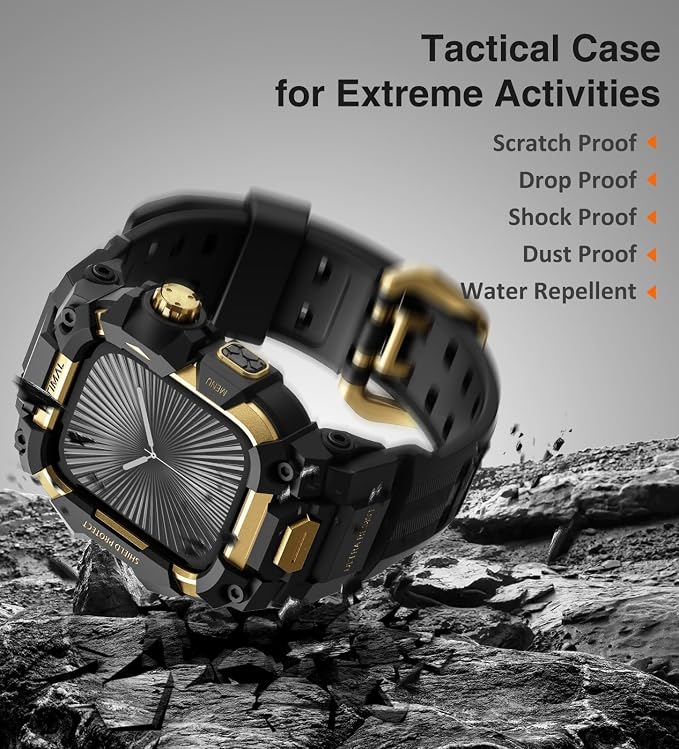 ULTIMAL Rugged Case with Band for Apple Watch 46mm,Compatible with Apple Watch Series 11/10, Military Grade Shockproof Bumper Cover for iWatch Tactical Band Men (46mm,Gold)