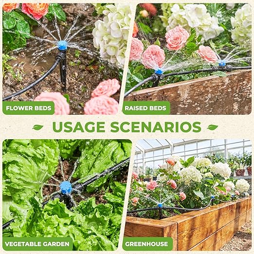 HIRALIY 82FT Drip Irrigation Kit with 2-Zone Garden Water Timer, Automatic Garden Watering System with Quick-Connect Drippers, Rechargeable Irrigation Timer Kit for Raised Beds, Patio, Greenhouse