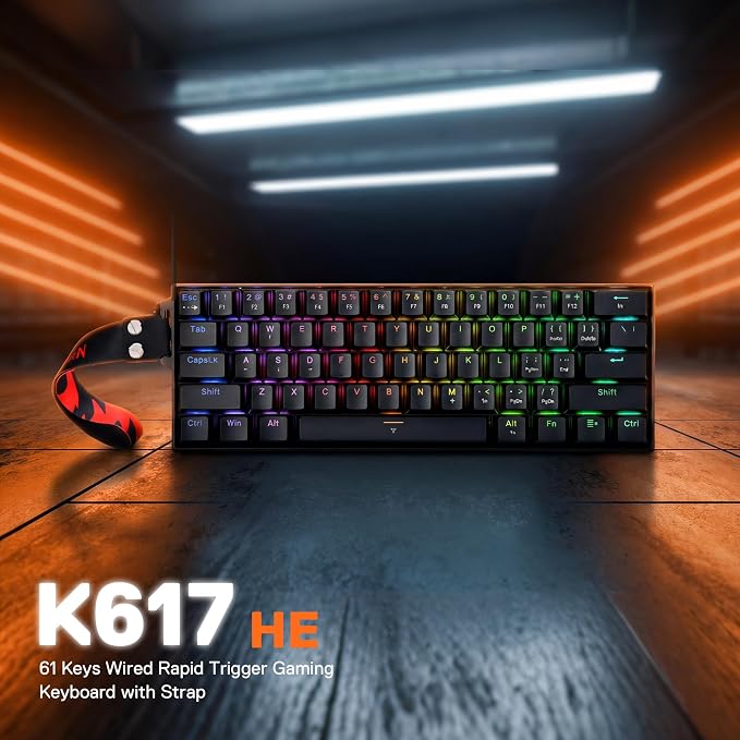Redragon K617 HE Rapid Trigger Gaming Keyboard, 60% 61 Keys Wired Mechanical Keyboard w/Hyper-Fast Actuation, Dedicated Hall Effect Magnetic Switch, Actuation Point Adjustable, Strap Version
