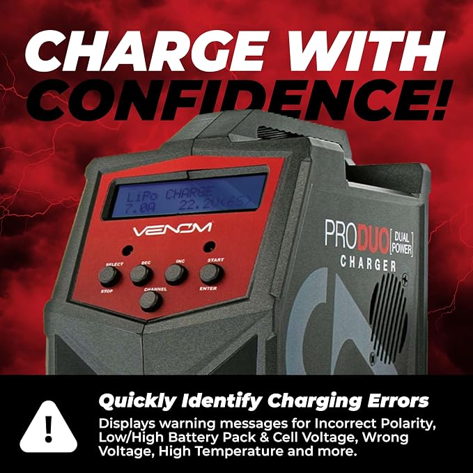Venom Power Pro Duo LiPo Battery Charger - LCD Screen, Charging Leads - Balance Charger & Discharger for LiPo, LiHV, Li-Ion, Life, NiMH, NiCD, Pb Batteries - Power Supply for 1S- 6S, Drone & RC Cars