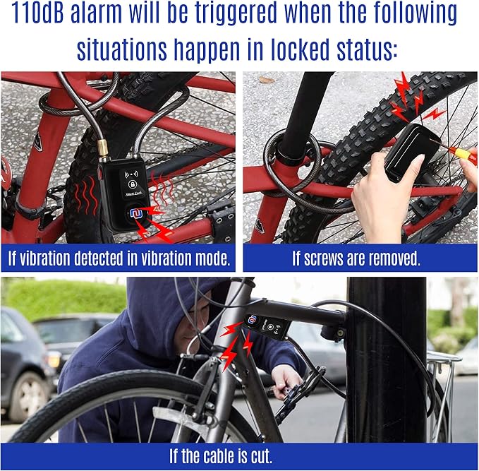 NUNET Bluetooth Bike Lock, NULOCK Anti-Theft Waterproof 71in Steel Cable, Keyless APP Controlled, 110db Alarm, for Bicycle, Scooter, Motorcycle, Gray