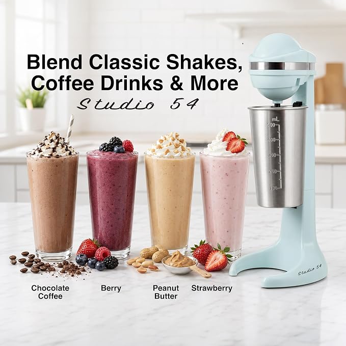 Retro Milkshake Maker, Electric Drink Mixer with 17oz Stainless Steel Mixing Cup, Milkshake Machine & Frappe Maker, 2-Speed Shake Mixer for Smoothies, Ice Cream Drinks & Coffee