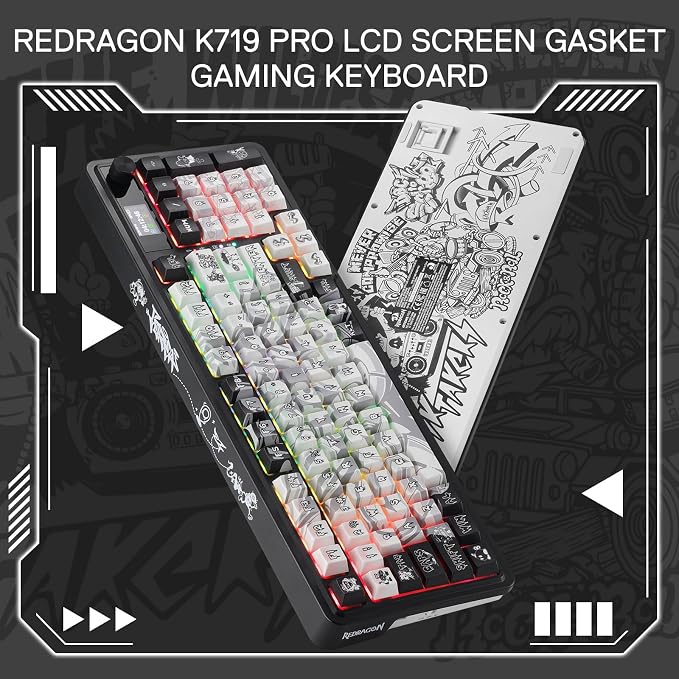 Redragon K719 PRO Wireless Gasket Gaming Keyboard w/Hype Screen & Knob, 95 Keys Mechanical Keyboard, Easy-Control 1.14’’ TFT Info Display, 5-Layer Noise Dampening, Street Graffiti Dye-Sub PBT Keycaps