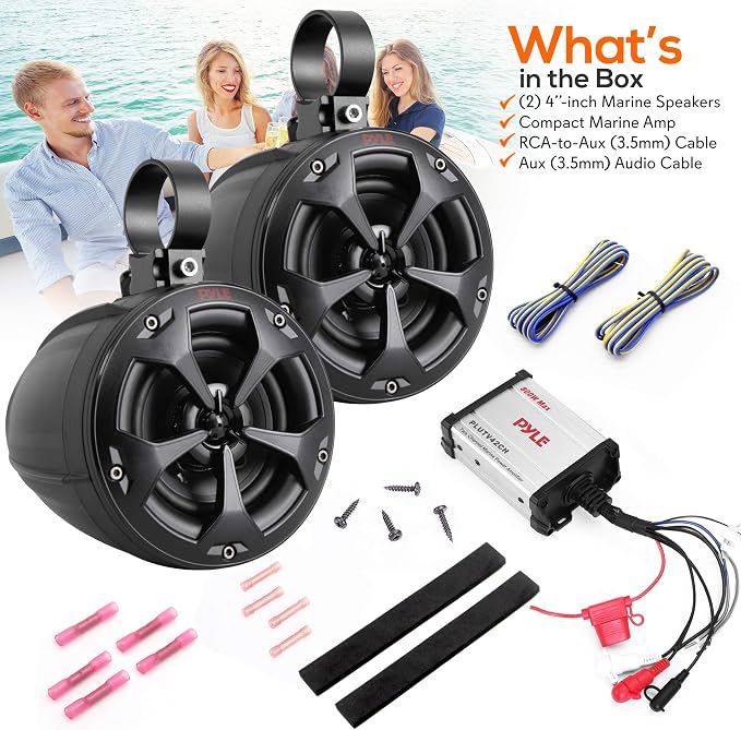 Pyle 800W Marine Speakers with Amplifier - 4" Waterproof Full Range Water Resistant Stereo Tower Speakers System with RCA, AUX, and MP3 Audio Input Cable for ATV, UTV, 4x4, Quad, Jeep, Boat