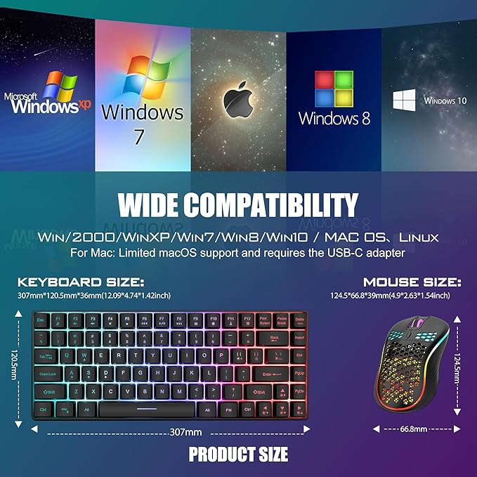 RedThunder K84 Wireless Keyboard and Mouse Combo, Rainbow Backlit Rechargeable Battery, 75% Layout TKL Ultra Compact Gaming Keyboard & Lightweight 3200 DPI Honeycomb Optical Mouse (Black)
