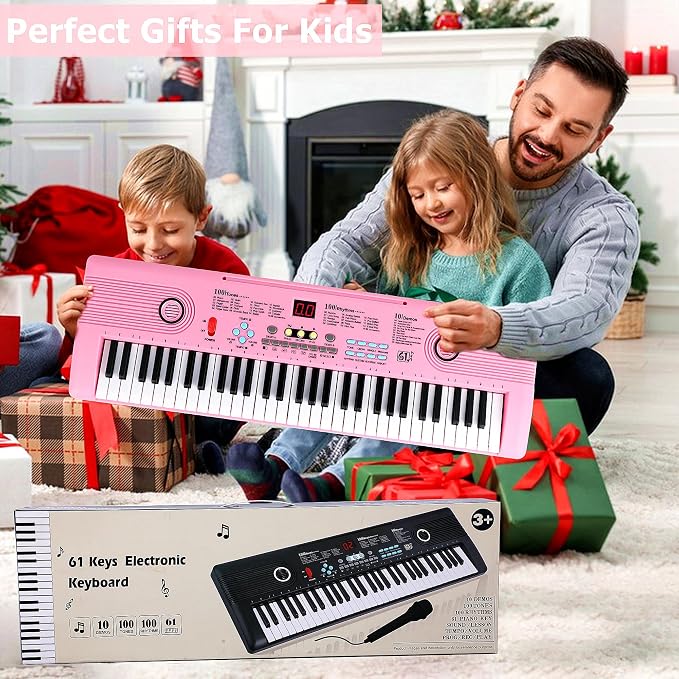 Keyboard Piano 61 Key Electric Digital Piano Music keyboard w/Microphone Portable Piano For Kids Beginner Birthday Christmas Gifts Pink