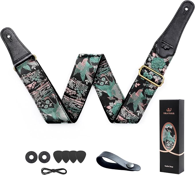 Guitar Strap, Electric& Acoustic Bass Guitar Straps,Embroidered Filament with Head Cowhide Leather Strap, with Free Strap Button,2 Guitar Strap Locks,4Guitar Pick (Birds and Flowers)