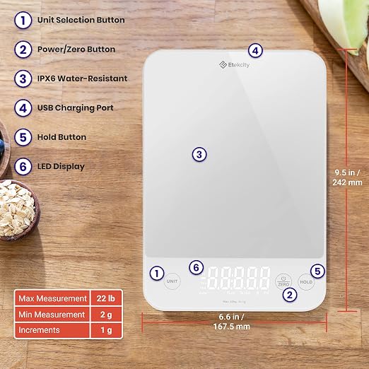 Etekcity Food Kitchen Scale, 22lb Digital Weight Scale Grams and Ounces Rechargeable Waterproof Tool for Weight Loss, Cooking, Baking, Meat, Bread, Large 0.05oz/1g Accuracy