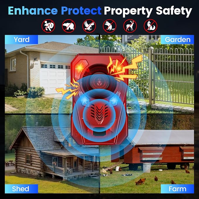 Upgraded Solar Motion Sensor Alarm Outdoor, Radar + IR Dual Detection, 130dB Dog Bark & Strobe Light to Deter Deer, 10 Sounds Available, IP65 Waterproof Motion Detector for Garden Yard Farm