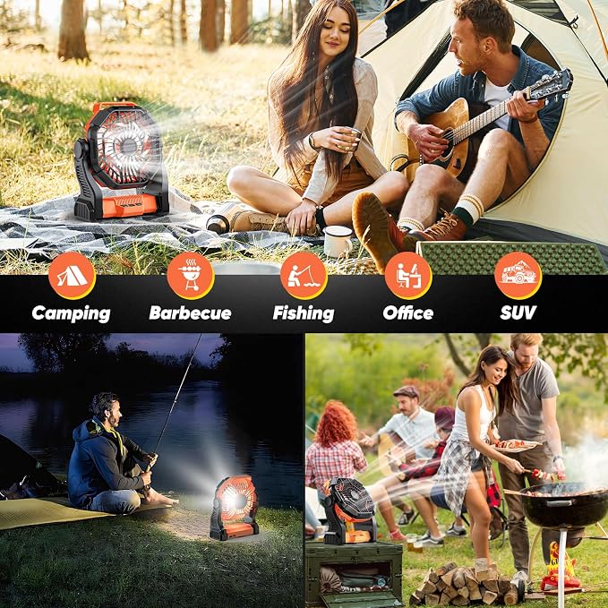 MATULSA Portable Rechargeable Camping Fan, 10-Inch Battery Operated Fan, Quiet Table Fan with LED Lights, 4 Fan Speeds and 125°Rotation, Rechargeable Beach fan for Travel, Fishing, Picnic, Orange