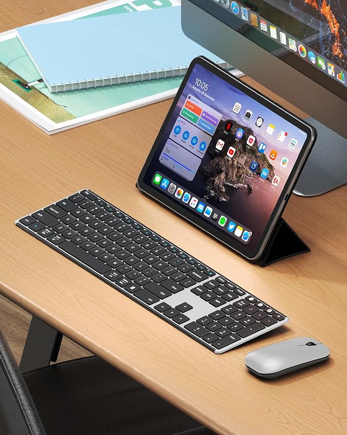 seenda Wireless Bluetooth Keyboard and Mouse Combo, SKM64-3 Rechargeable Slim Quiet Keyboard Mouse, 3 Multi-Device Connection, Compatible for Windows 11/10 PC Laptop Mac MacBook iPad, Black Silver