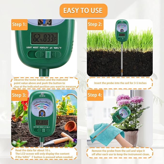 7-in-one Soil Test Kit, Soil Moisture Meter/PH Meter/Sunlight Intensity/Fertility Soil Tester, LCD Display Air & Soil Hygrometer Temperature for Hous Plants Garden, Farm, Lawn Care Moisture Meter