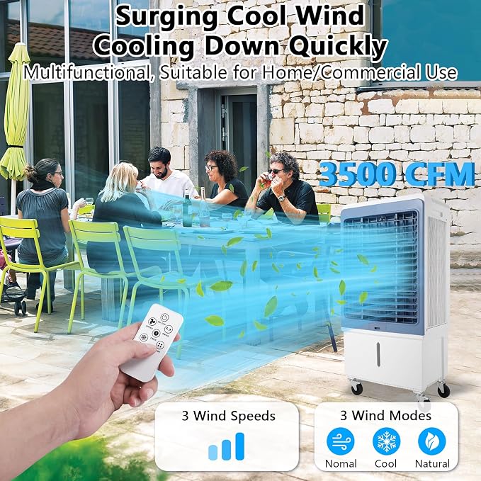 TAKYWEP Swamp Cooler, 3500CFM Evaporative Air Cooler with 13.2 Gallon Water Tank and 4 Ice Packs, 12H Timer, 3 Modes & Wind Speeds for Outdoor Indoor Use