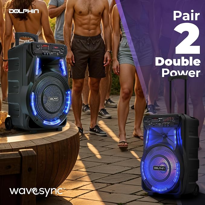 Dolphin 12-Inch Rechargeable Bluetooth Party Speaker – High Power Sound, TWS Compatibility, LED Lights, 5-Band Equalizer, Portable Design with Trolley and Wheels