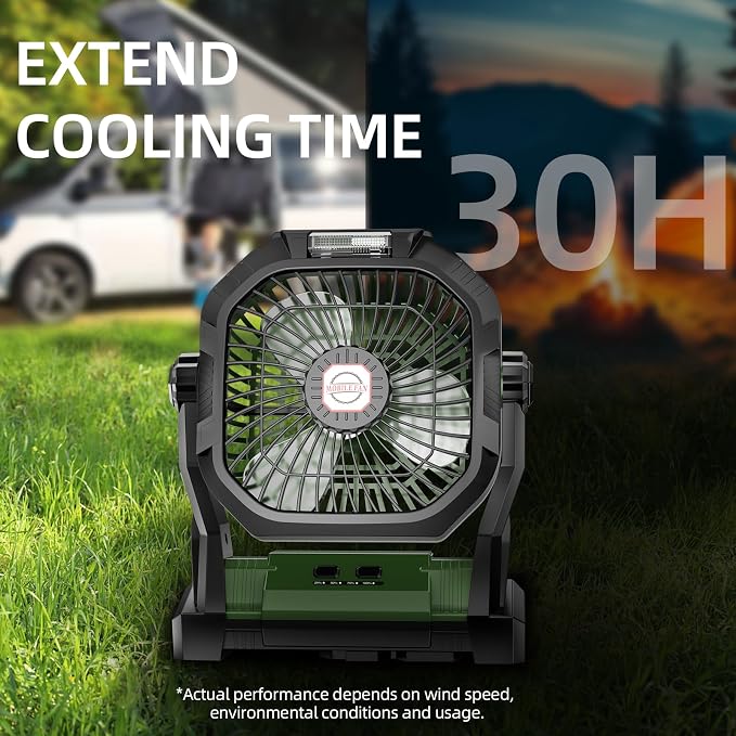 Camping Fan Rechargeable, 20000mAh Battery Powered Portable Fan with LED Light, 4-Speed 180° Adjustable, Camping Essentials for Tent, Travel, Car, Outdoor, Indoor, BBQ, Fishing, Jobsite - Green