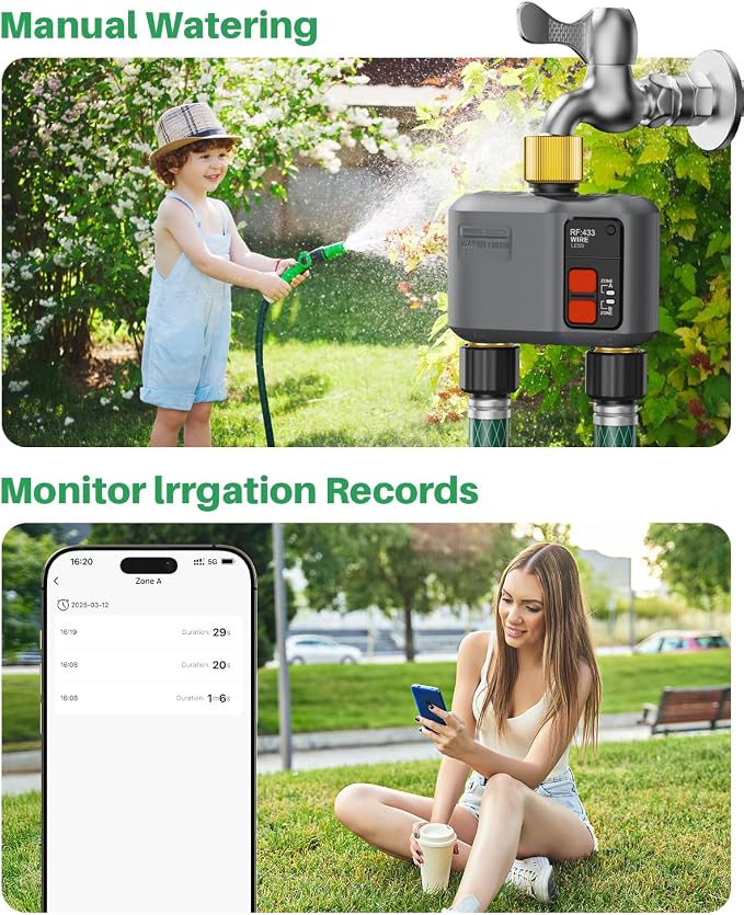 WiFi Sprinkler Timer 2 Zone with 984 Feet RF Gateway/Brass Inlet & Outlet, 2 Outlet Smart Water Timer for Garden Hose with Rain Delay/Manual/Automatic,WiFi Water Hose Timers for Garden & Lawns