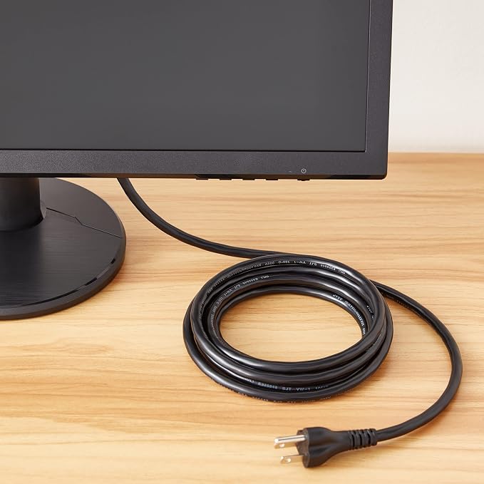 Amazon Basics PC Power Cord, 10 feet, Compatible with Monitor, Computer, TV, 3 Prong, 18 AWG, 125 Volts, Black, 5-Pack