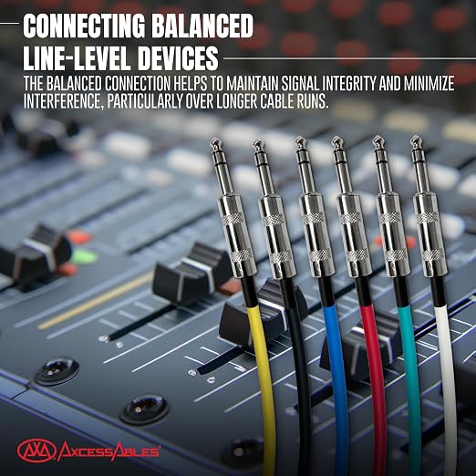 AxcessAbles 2ft Multi-Color 1/4" Balanced TRS Audio Cables (6 Pack) - TRS Speaker Patch Cables for Balanced Audio Connections