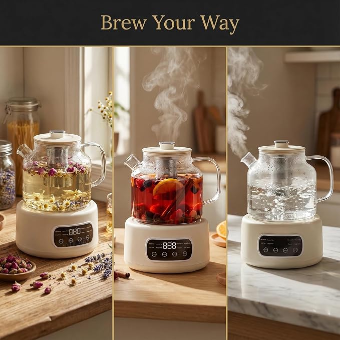 Lemuugo 1.2L Smart Electric Kettle with Tea Infuser, Borosilicate Glass Health Pot, Hot Water Kettle Electric, Digital Temperature Control with 24-Hour Timer, Tea, Stew & Dessert Cooker