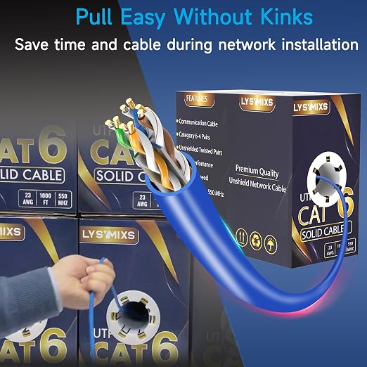 Cat6 Ethernet Cable 500FT Channel Test Pass, Cat6 500ft Ethernet Cable 23AWG Solid CCA, Cat6 Cable 550MHZ 10G with Easy Pull Box Blue