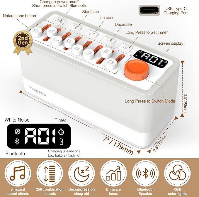 TMEHM 3-in-1 Sleep Sound Machine with 8 Mixable Nature Sounds, Portable Bluetooth Speaker & 12-Color Night Light, White Noise, Sleep Timer & Breathing Exercises for Babies, Kids, and Adults