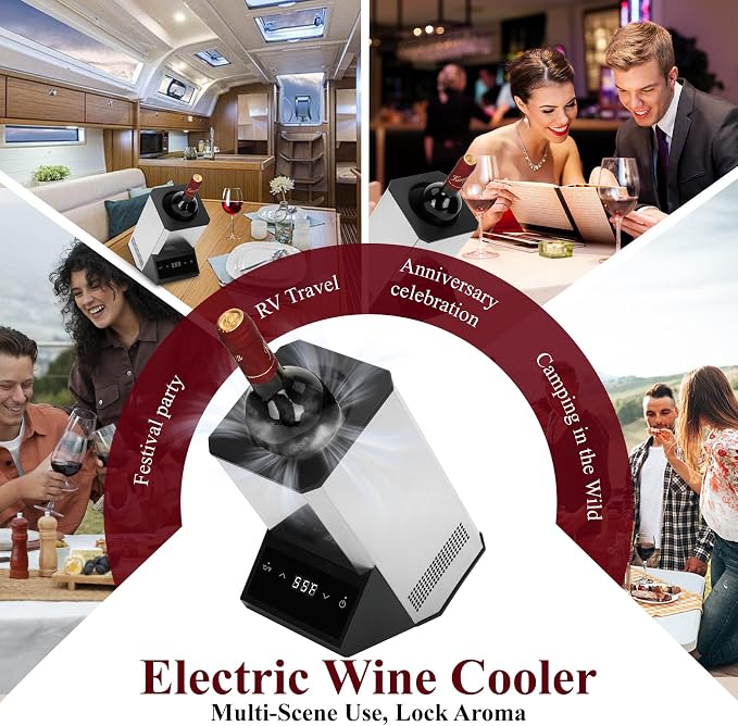Electric Wine Chiller Single Bottle - 24H Iceless Portable Stainless Steel Wine Chiller Cooler for 750ml Wine/Champagne, Multi-Scene Vino Accessory for Kitchen/Bar/RV for Wine Lovers