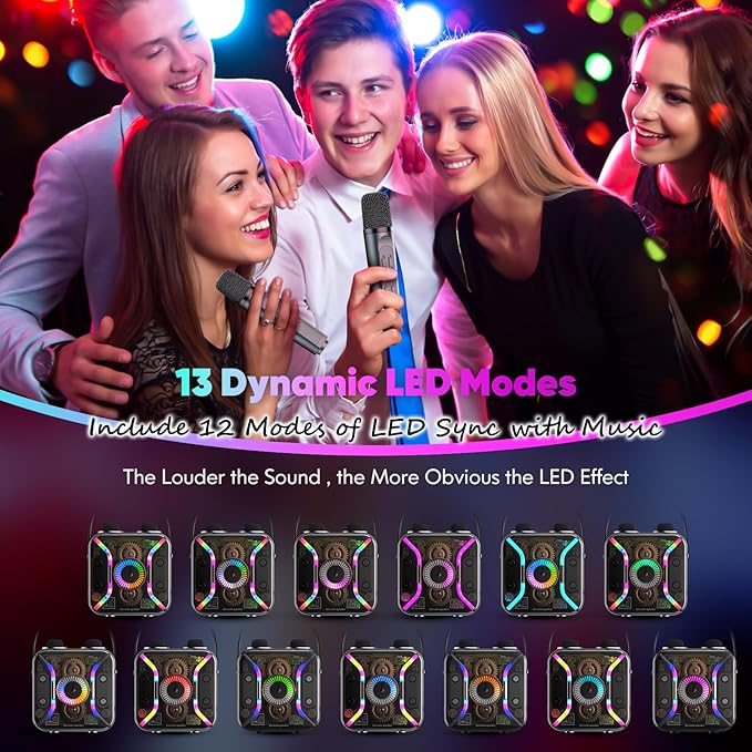 Karaoke Machine for Adults with Two Wireless Microphones, Bluetooth Speaker, LED Light Show, 360-Degree Stable Bass Mic, Silver