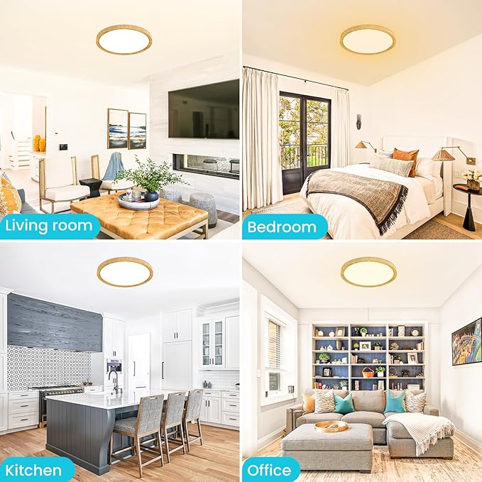 libtit 12Inch 28W Wood LED Flush Mount Ceiling Light, 3200lm Brightness, Adjustable 3000K-6500K Color Temp | Round Lamp for Bathroom/Shower/Hallway/Kitchen, 1 Pack