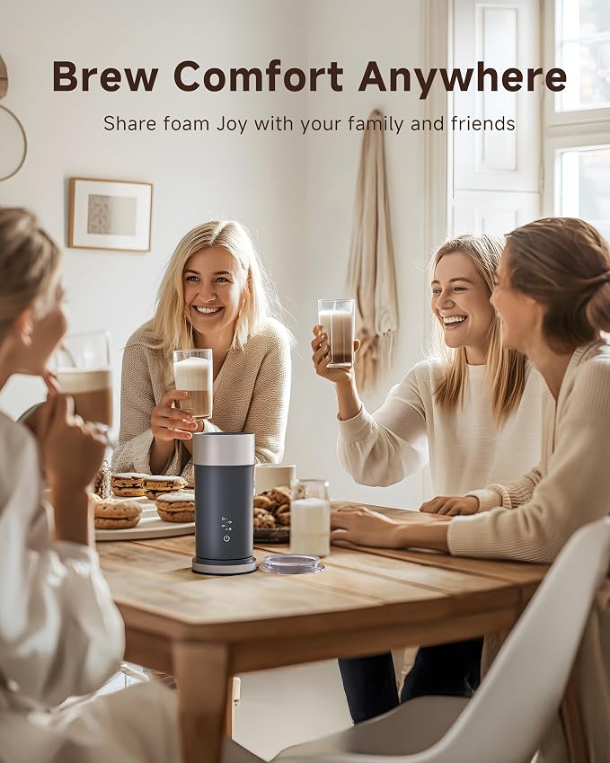 IPX6 Waterproof Milk Frother, Electric 4-in-1 Latte Maker | 80s Foam & 220s Heat | One-Touch Hot/Cold Foam for Cappuccino, Coffee | Easy Clean Milk Steamer for Home & Office Grey