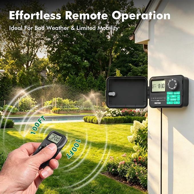 RESTMO Remote Control 8-Station Swing Panel Sprinkler System Timer, Outdoor Sprinkler Controller with Rain Delay/Manual/Automatic Watering System, Digital Irrigation for Yard, Lawn & Garden