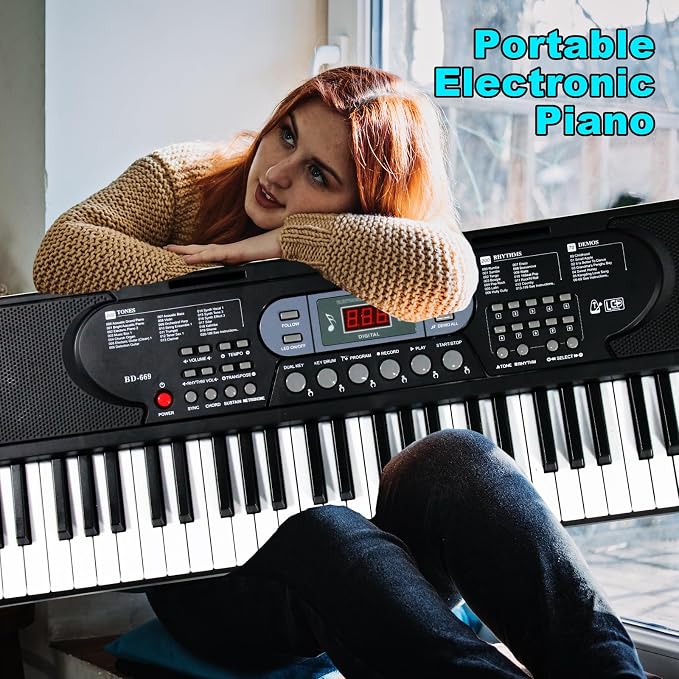 AQNIEGEP 61-Key Electric Keyboard Piano with Lighted Keys, Christmas Gifts, Premium Bundle: Stand, Bench, Mic,Headphones, Music Stand, Stickers, 70 Demos 200 Tones/Rhythms, Beginners/Adults