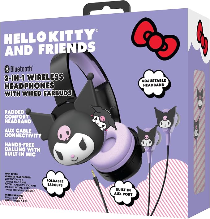 Hello Kitty 2-in-1 Wireless Bluetooth Headphones with Wired Earbuds – Foldable Over-Ear Headset with Built-in Mic, AUX Cable, Adjustable Headband, and Onboard Controls – Kuromi
