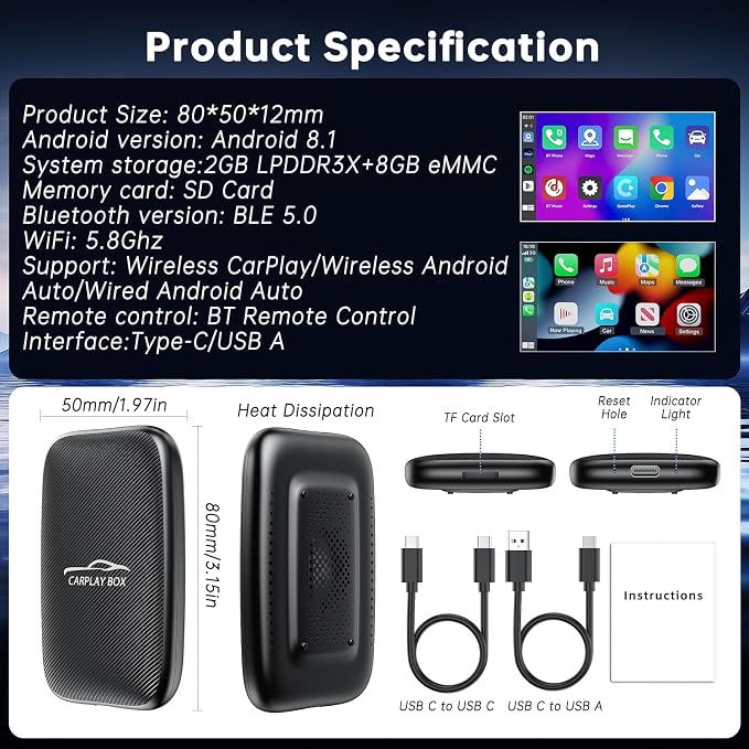 6-in-1 Magic Video Box for Netflix/YouTube, Wireless CarPlay Adapter & Android Auto Wireless Adapter Convert Wired to Wireles Carplay Dongle for OEM Wired CarPlay Cars, TF Card Playback, Plug & Play