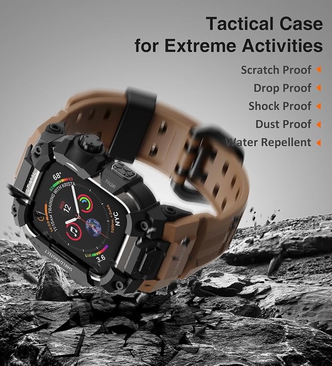 ULTIMAL Rugged Case with Band for Apple Watch 44mm,Compatible with Apple Watch Series SE 3/SE 2/SE Generation/6/5/4, Military Grade Shockproof Bumper Cover for iWatch Tactical Band Men (Coffee Brown, 44mm)