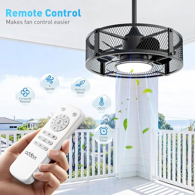 addlon 20 Inch Outdoor Ceiling Fans with Lights, IP65 Waterproof Plug in Caged Hanging Fan for Gazebo, Remote Control, 3 CCT, 6 Speeds Reversible Outdoor Fan for Patio, Pergola, Porch
