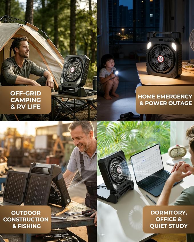 22000mAh Camping Solar Fan, 10" Dual-Panel Rechargeable Solar Powered Fan with LED Light and Arc Flashlight, LED Digital Display, 180° Swivel Oscillating, Portable Table Fans for Picnic, Barbecue