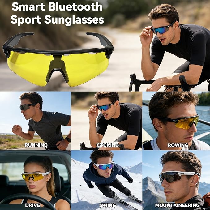 Bluetooth Smart Sunglasses for Men Women, Open-Ear Speaker Glasses with Touch Control, UV400 Polarized Lens, 5-6H Playtime for Outdoor Sports,Black and Yellow