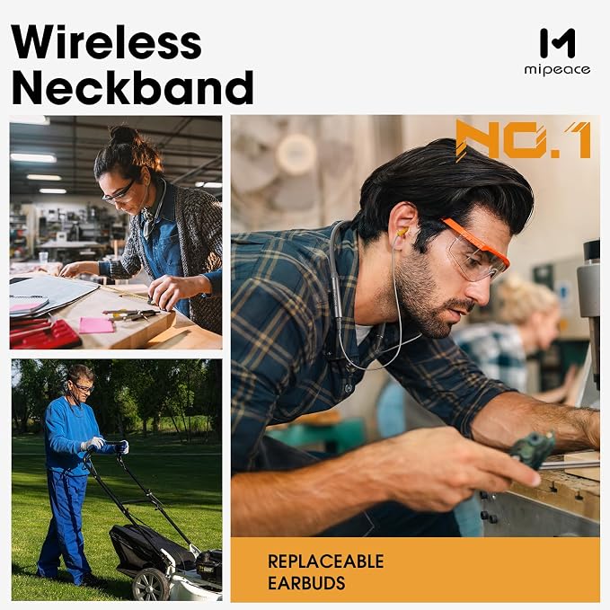 MIPEACE Bluetooth Earplug Headphones, Neckband Ear Protection Work earbuds-29db Noise Reduction Safety Headphones with Replacement Buds,19+Hour Battery for Lawn Mowing DIY (Grey)