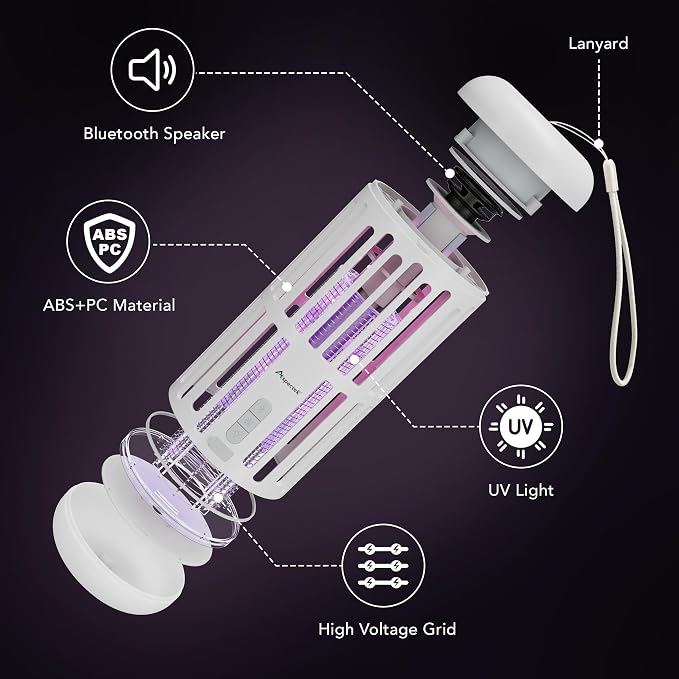 ASPECTEK 3-in-1 Rechargeable Bug Zapper with Bluetooth Speaker and Ambient LED Light, Portable Cordless Mosquito Killer for Patio, Camping and Garden, High-Voltage Electric Insect Control - White