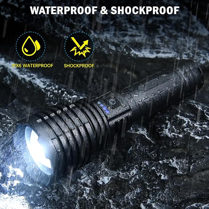 baibian Flashlights High Lumens, 100,000 Lumens Super Bright Flashlight, Rechargeable Handheld Waterproof Tactical LED Flashlights-Zoomable 5 Modes-31H Runtime-Holster for Emergency Camping