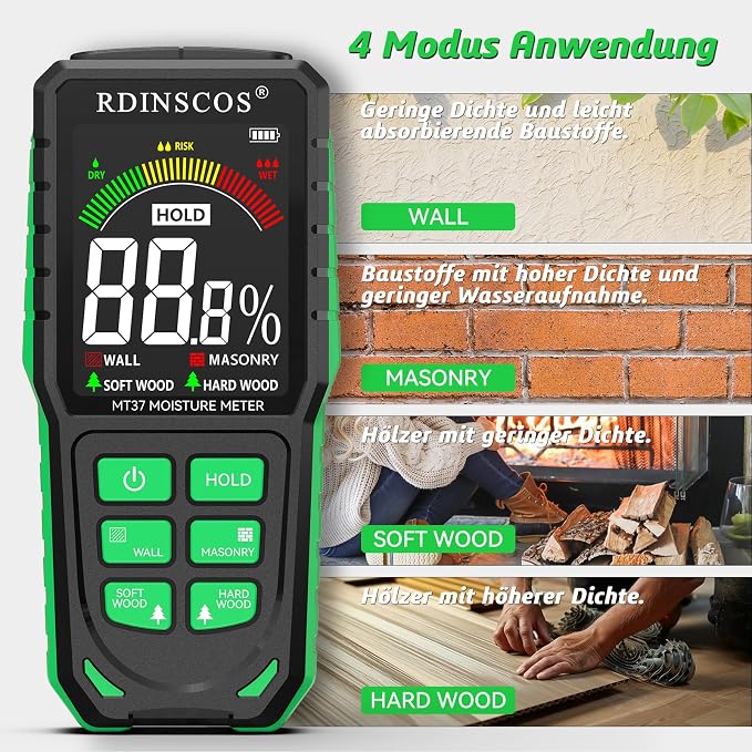 RDINSCOS Pinless Moisture Meter for Wall Digital Wood Moisture Detector | Rechargeable, Color Display, Audible Alarm, Non-Destructive, For Wall, Masonry, Wood, Building Material