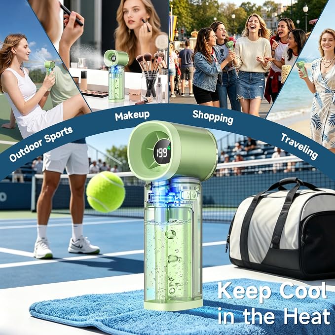 Handheld Misting Fan, Portable Personal Turbo Fan with Nano Mist Spray, 6 Wind Speed, 40ml Water Tank, LED Light, 3000mAh USB Rechargeable for Travel, Outdoors, Camping, Home and Office Use - Green