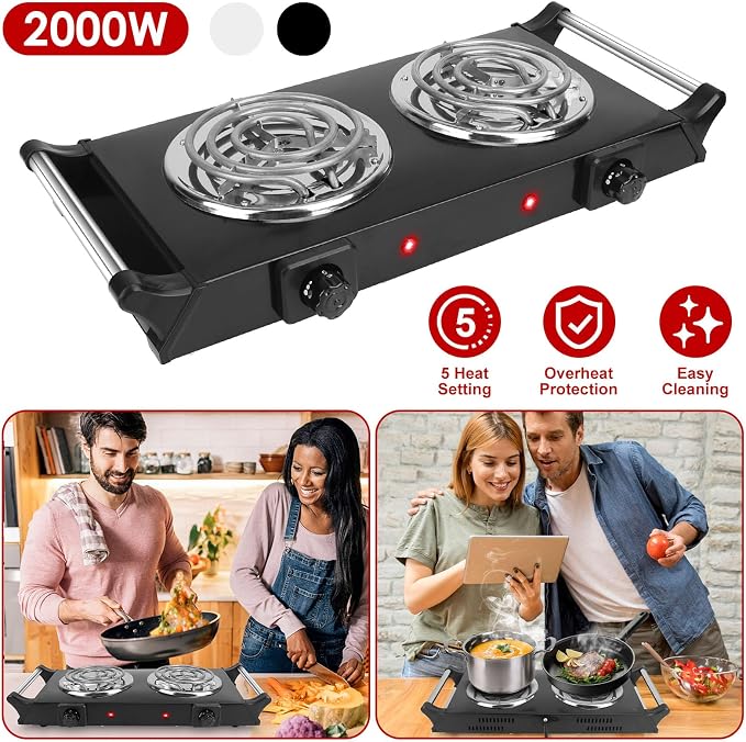 2000W Hot Plate Electric Stove, Portable Cooking Stove w/Cooling Handle, 5 Levels of Adjustable Temperature, Countertop Burners Dual Coil Burner for Home RV Camping, Fits All Cookware