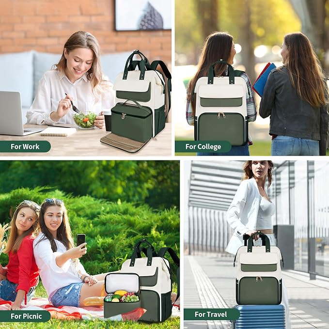 BERTASCHE Lunch Backpack for Women, 15.6 Inch Laptop Backpack with Insulated Cooler Lunch box, Nurse Backpack for Teacher Work Travel College Picnic,Green-Beige