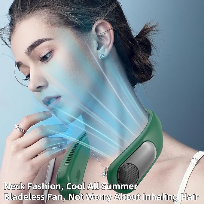 Portable Neck Fan, Personal Wearable Bladeless Fan for Outdoor Indoor, LED Display, 360° Cooling, 4-Speeds, 6000mAh USB Rechargeable, Birthday Gifts for Men Women Dad Mom (Dark green)