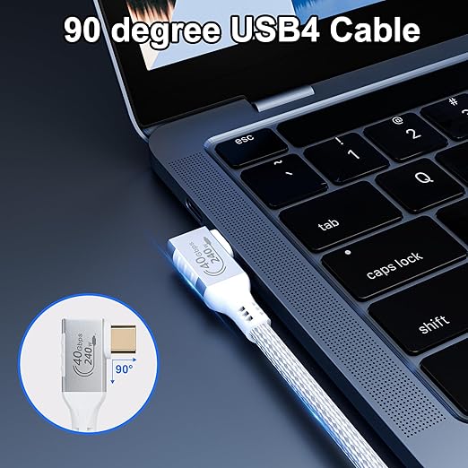 Short Thunderbolt 4 Cable White, Right Angle Thunderbolt 4 Cable 90 Degree, 240W USB C to USB C Cable with 40Gbps Data, 8K@60Hz Display, Compatible with USB4,Docks eGPU Hub 0.82ft/0.25M