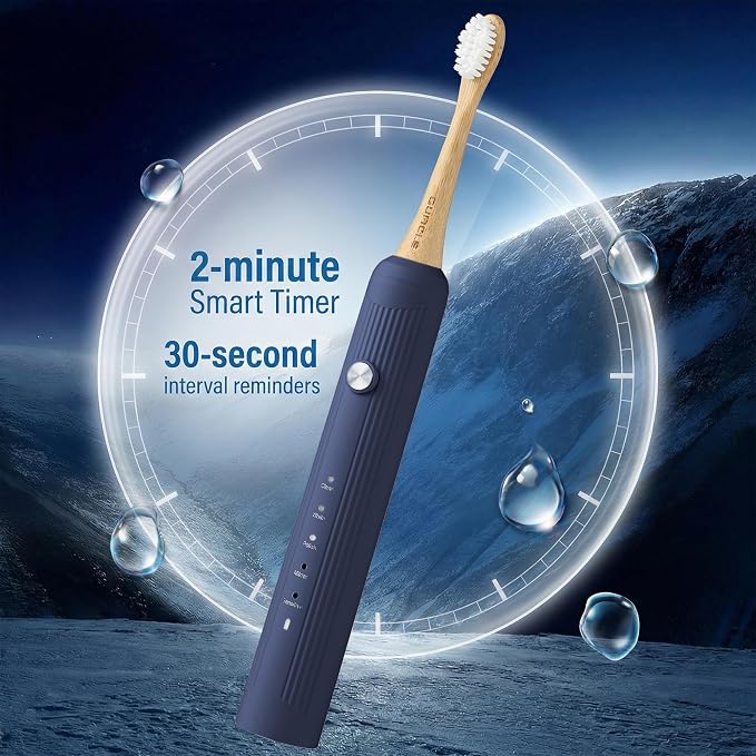 Bamboo Electric Toothbrush for Adults,Sonic Electric Toothbrush with 4 Bamboo Heads, Soft Castor Oil Bristles, 5 Modes, Smart Timer, Sonic Technology, IPX7 Waterproof, 70-Day Battery Life-Navy