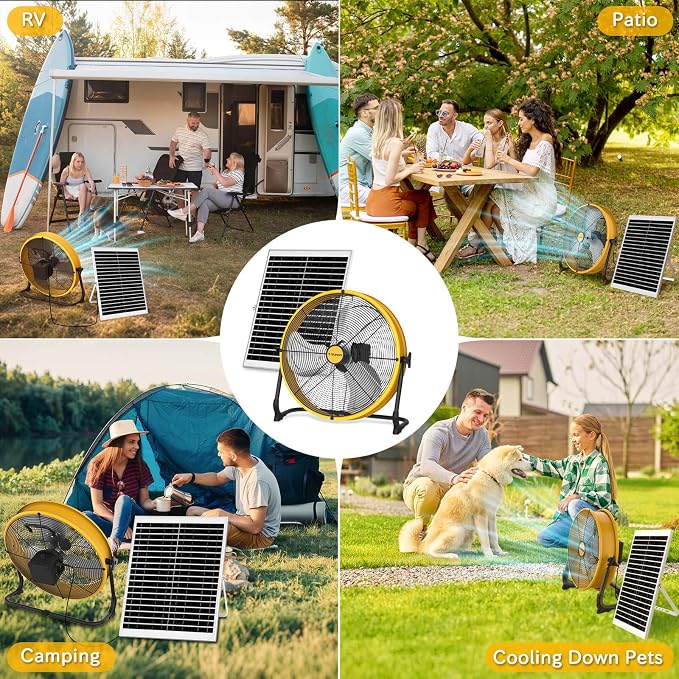 T-SUNUS 16" Solar Powered Fan with 25W Panel & 15600mAh Battery Operated Camping Floor Fan 2500 CFM, Quiet High Velocity Outdoor for RV, Garage, Greenhouse, Patio, Tent, Emergency Power Outage Cooling
